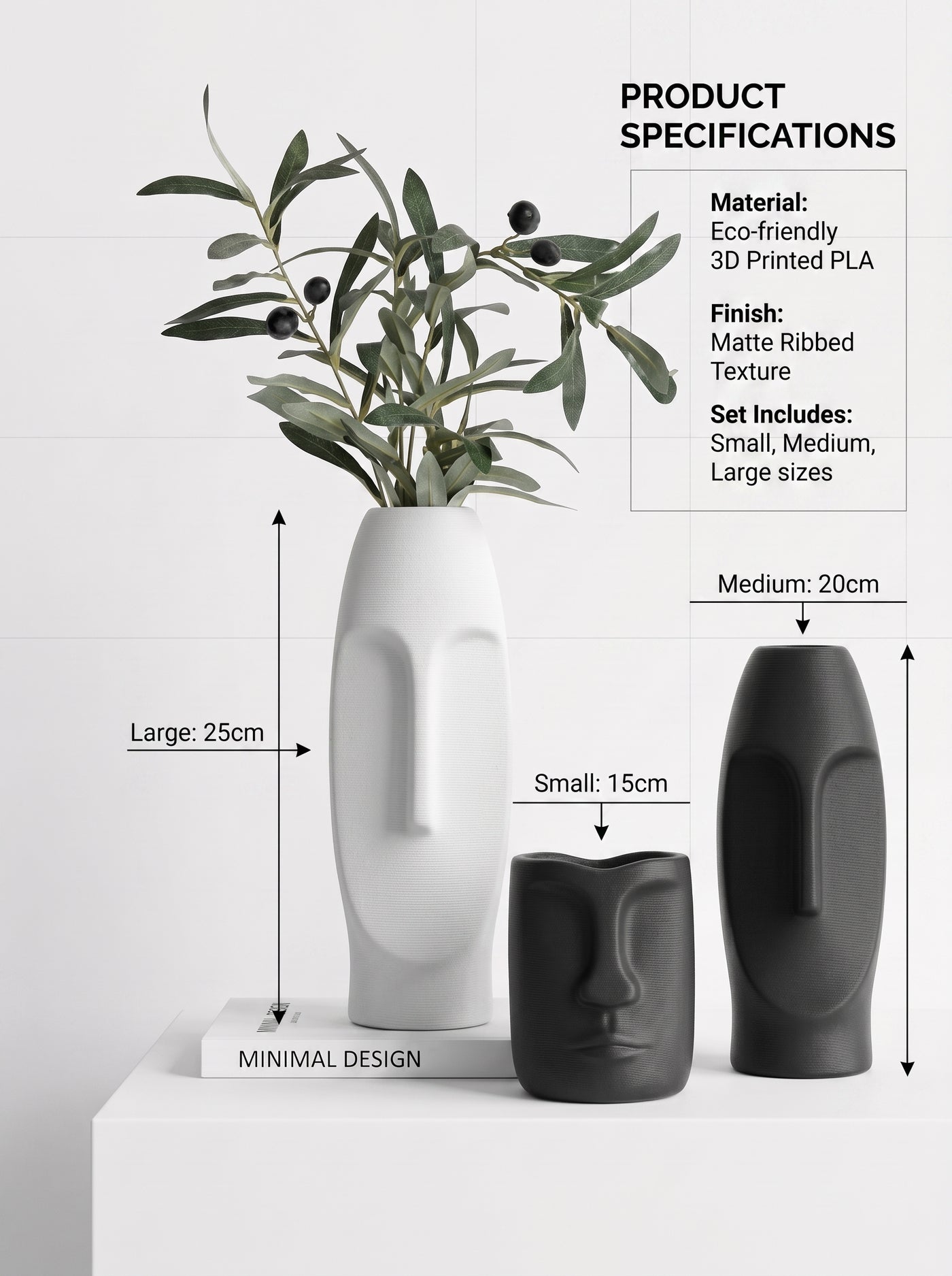 Nordic Face Vase Set | Modern 3D Printed Decorative Vases | Minimalist Scandinavian Home Décor | Matte Finish (Set of 3)