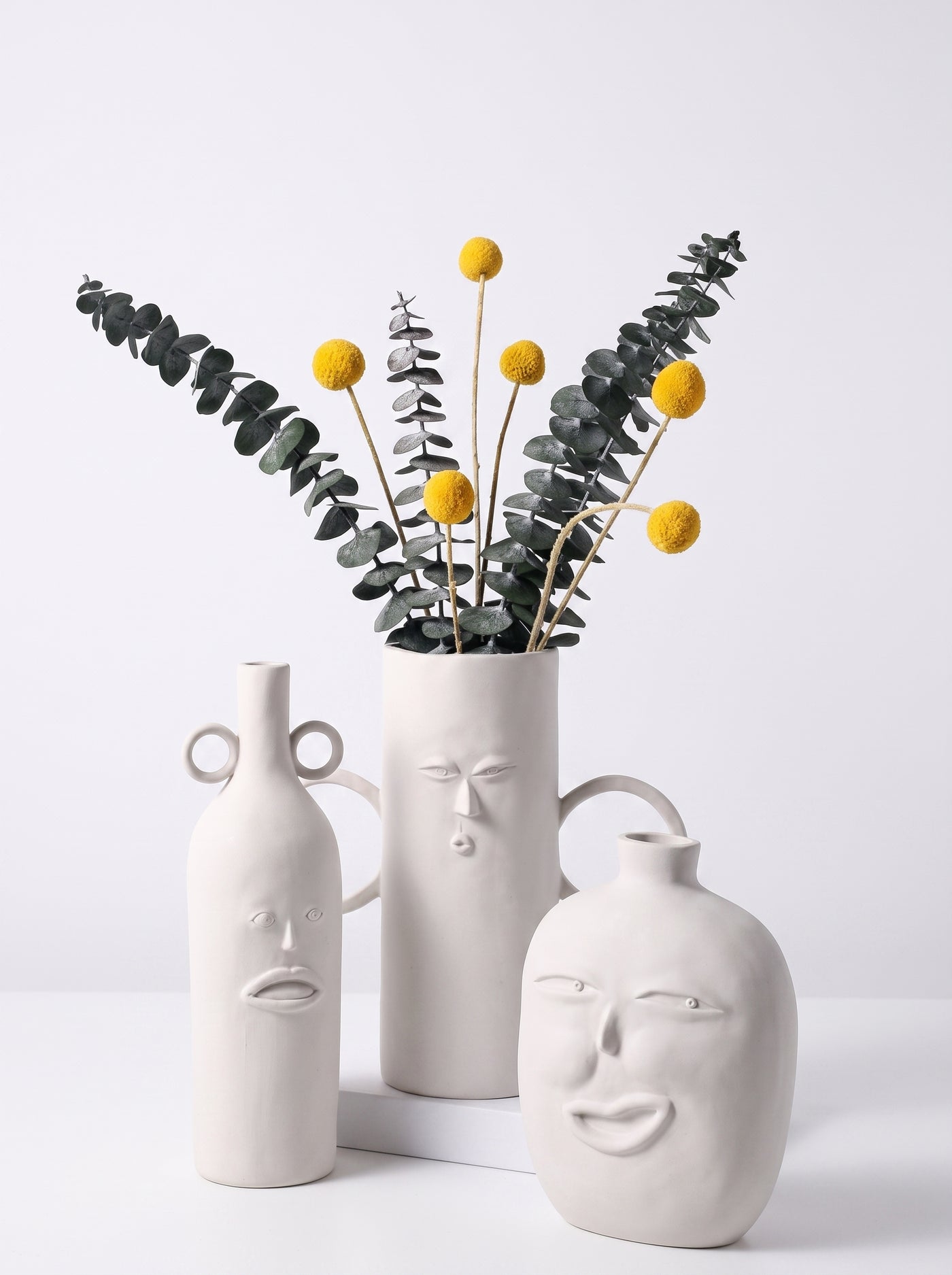 Abstract Face Vase Set | Modern 3D Printed Decorative Flower Vases | Minimalist Nordic Home Décor | Matte White (Set of 3)