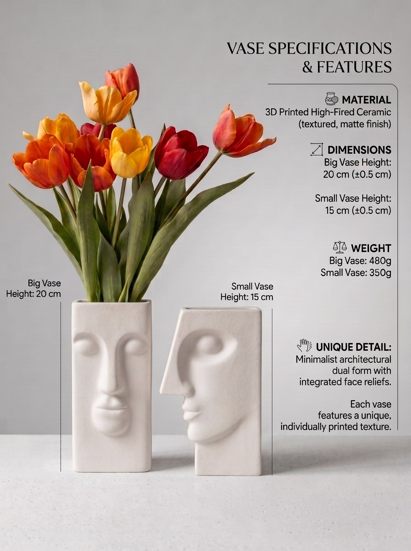 Modern Abstract Face Vase | 3D Printed Minimalist Decorative Flower Vase | Nordic Home Decor | Matte White