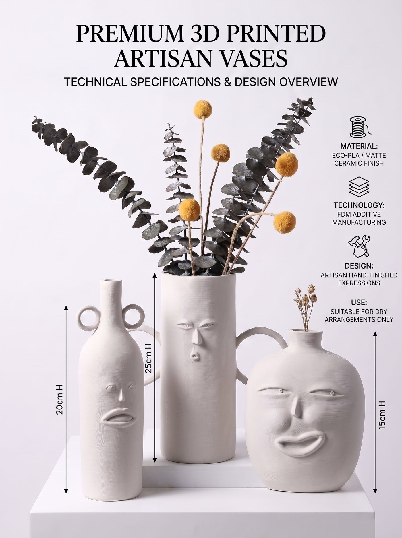Abstract Face Vase Set | Modern 3D Printed Decorative Flower Vases | Minimalist Nordic Home Décor | Matte White (Set of 3)