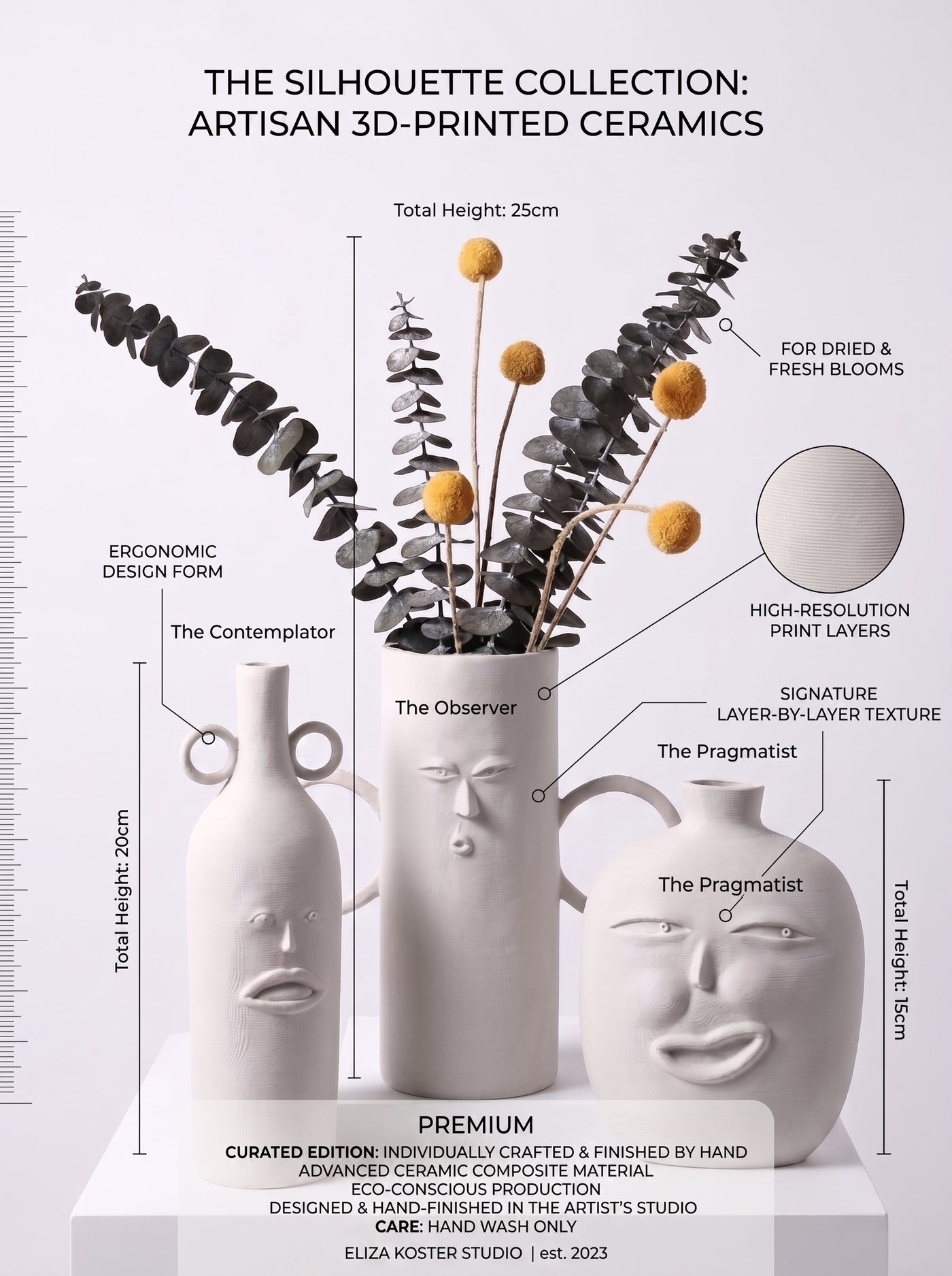 Abstract Face Vase Set | Modern 3D Printed Decorative Flower Vases | Minimalist Nordic Home Décor | Matte White (Set of 3)