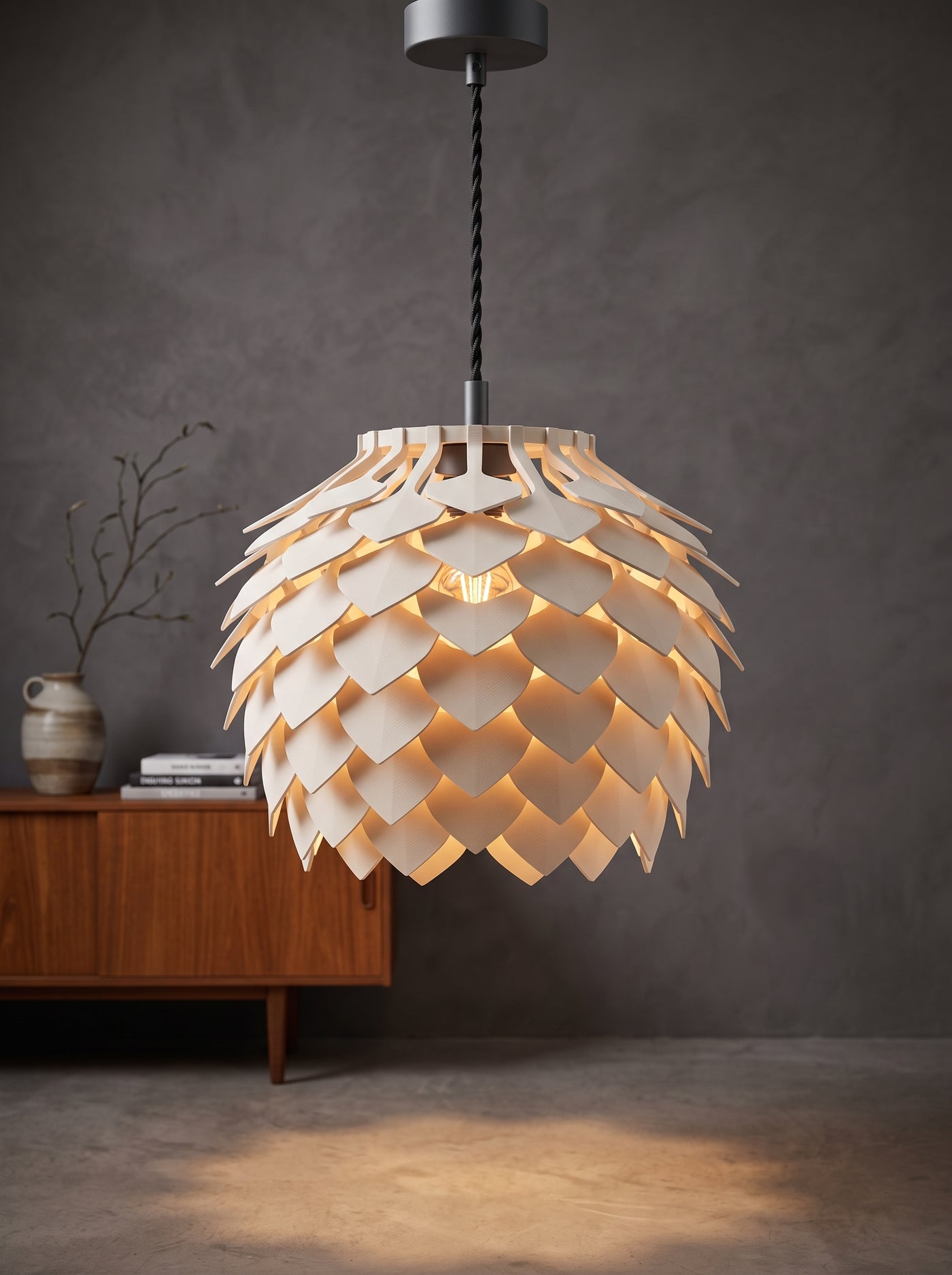 Pine Cone 3D Printed Pendant Lamp | Scandinavian Designer Hanging Light | Modern Ceiling Chandelier | Matte PLA Lampshade
