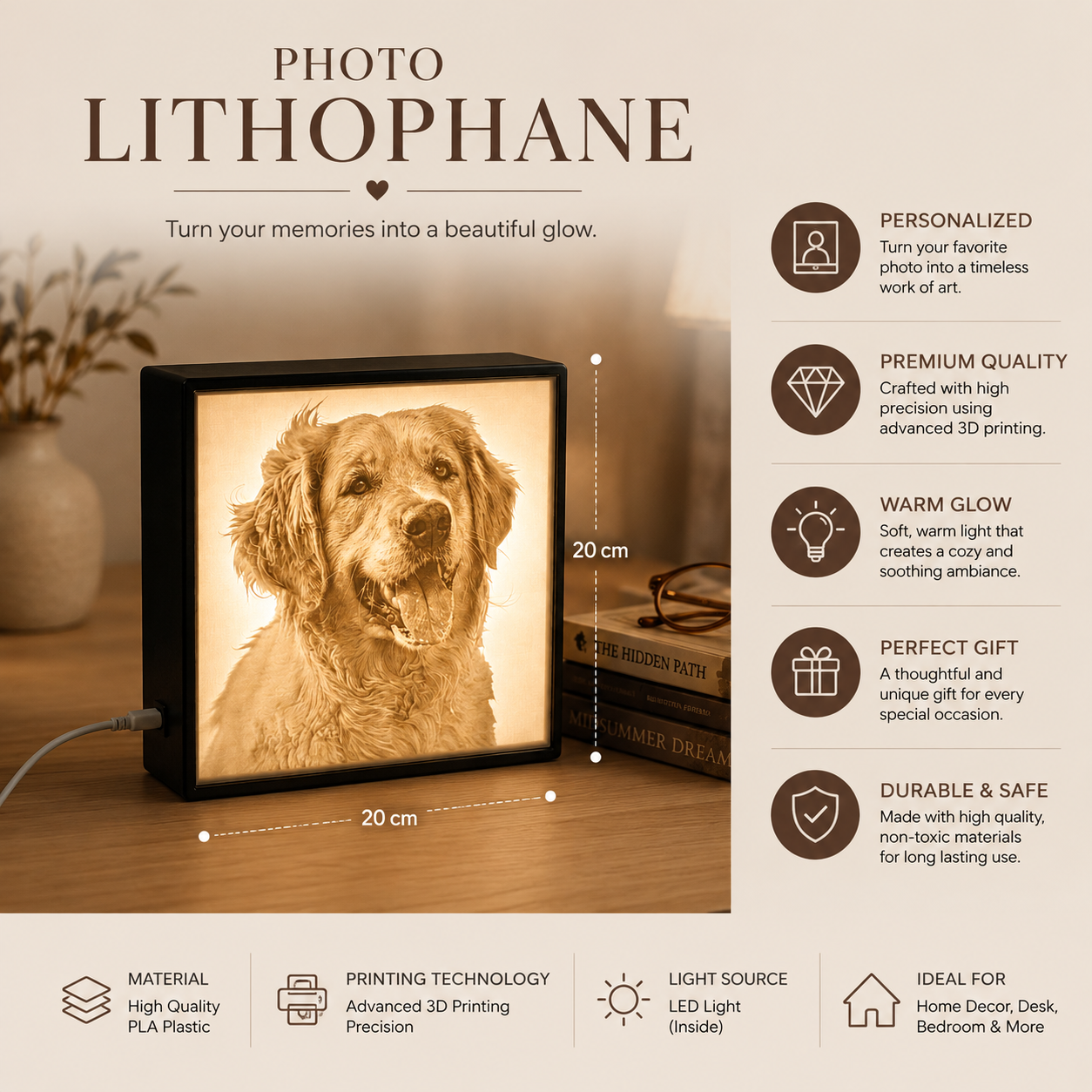 Custom Pet LED Photo Lithophane | 3D Printed | Home Décor | Ambient Night Light