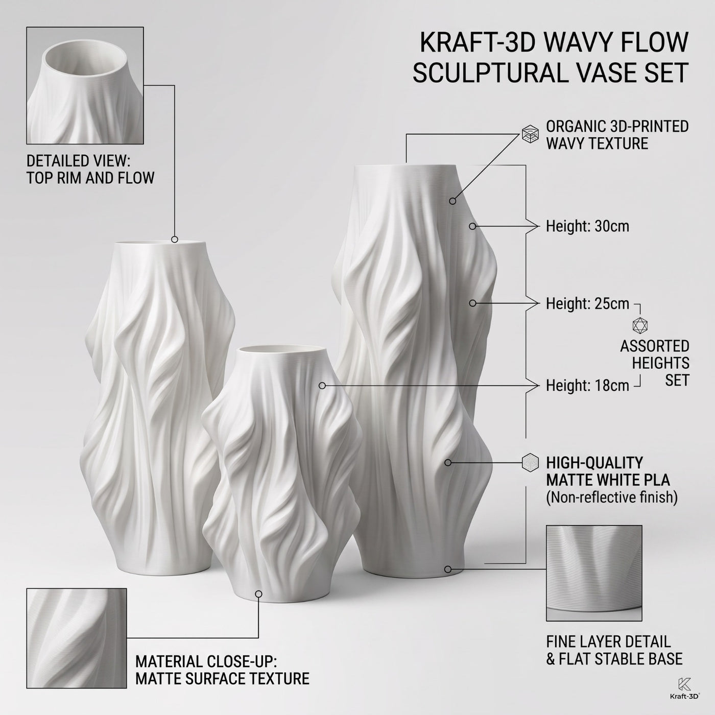Modern Twisted Wave 3D Printed Decorative Vase | Minimalist Home Decor Flower Vase | Matte Finish | White