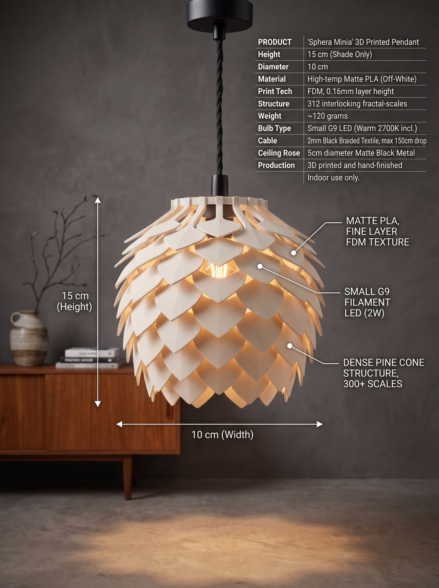 Pine Cone 3D Printed Pendant Lamp | Scandinavian Designer Hanging Light | Modern Ceiling Chandelier | Matte PLA Lampshade