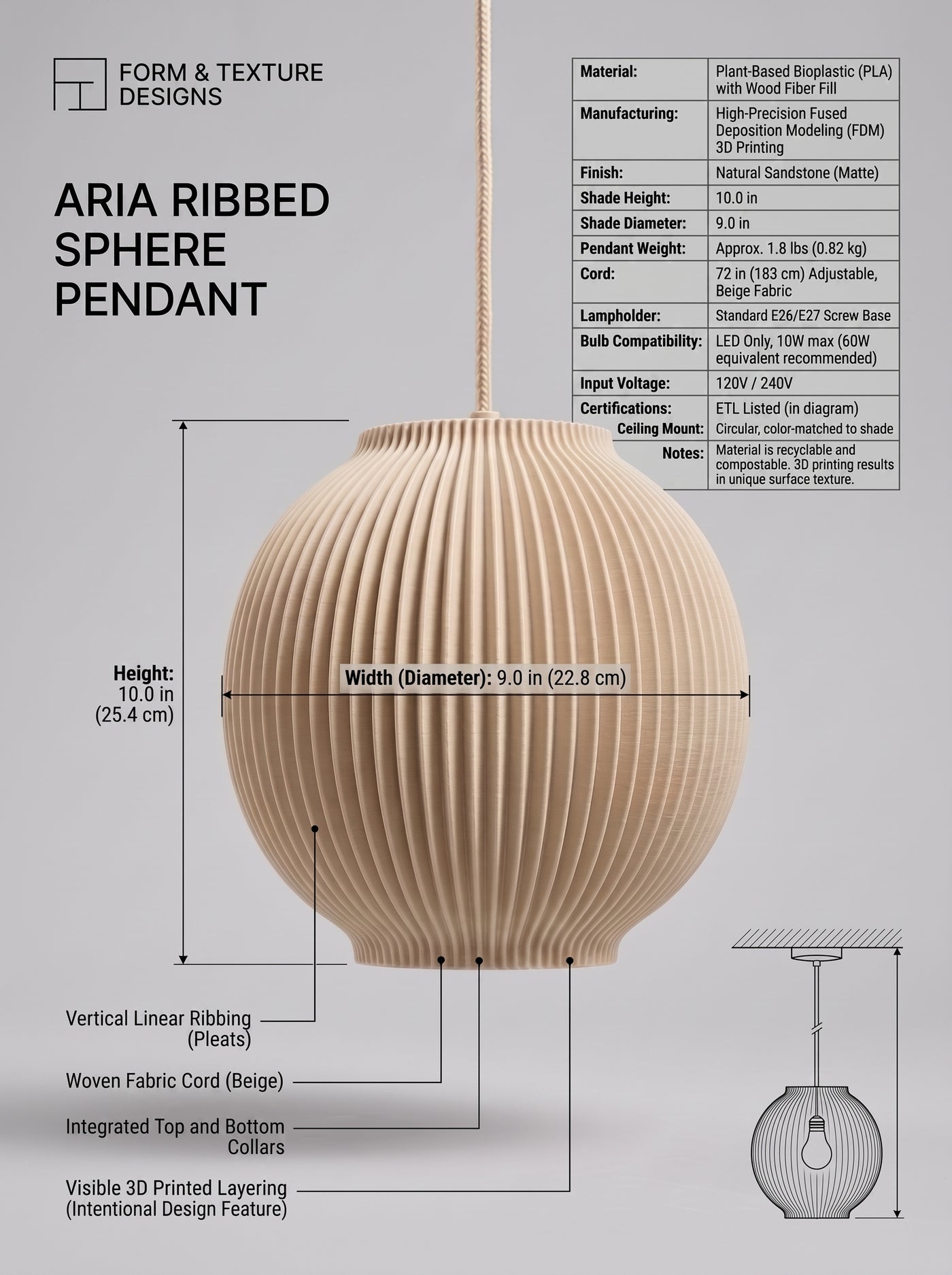 3D Printed Ribbed Hanging Pendant Light Shade | Modern Scandinavian Ceiling Lamp | Minimalist Home Lighting